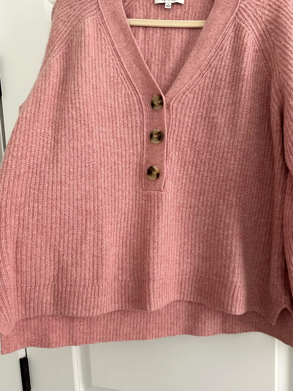 Madewell Merino Wool Pink V-Neck Button Front Lyle Rib Henley Pullover Sweater